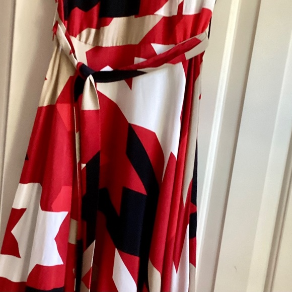 Hobbs London multicolor abstract collar neck sleeveless midi fit and flare dress - Picture 3 of 9